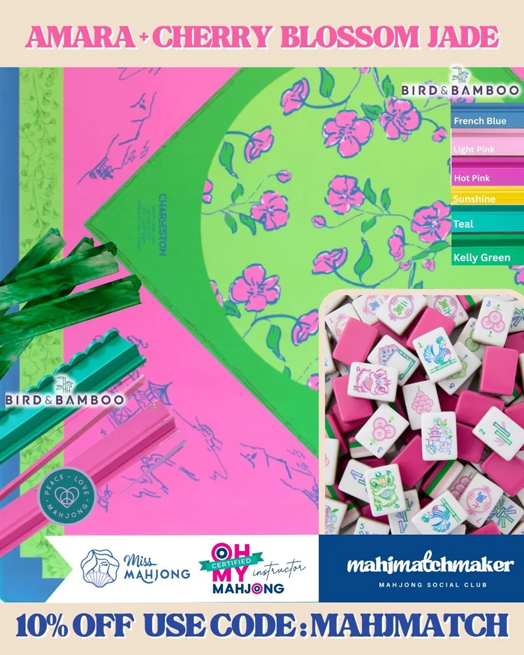 Oh My Mahjong Amara mahjong tiles with Miss Mahjong Cherry Blossom Jade mahjong mat