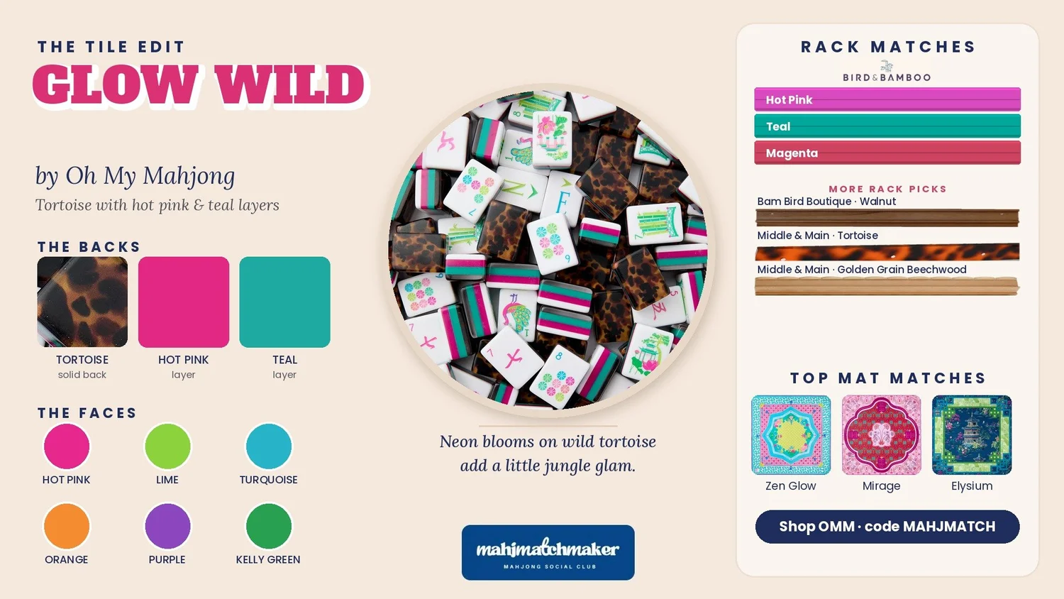 Glow Wild mahjong tiles color card with rack and mat matches