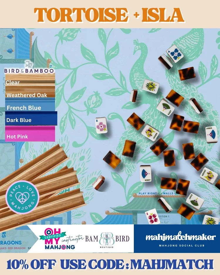 Bam Bird Boutique Tortoise mahjong tiles with Oh My Mahjong Isla mahjong mat
