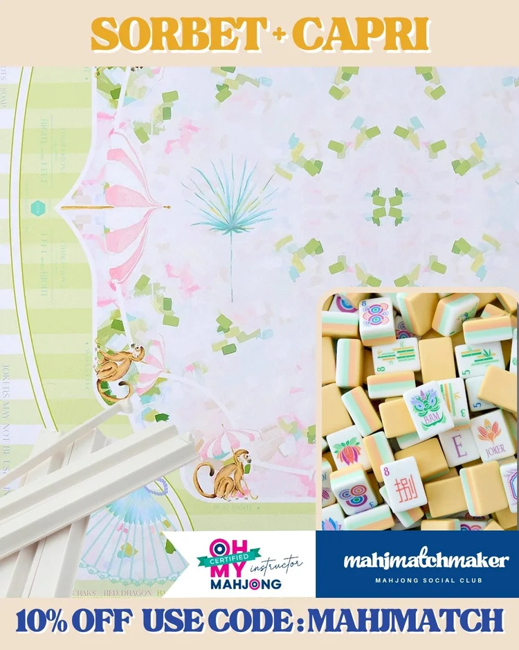Oh My Mahjong Sorbet mahjong tiles with Oh My Mahjong Capri mahjong mat