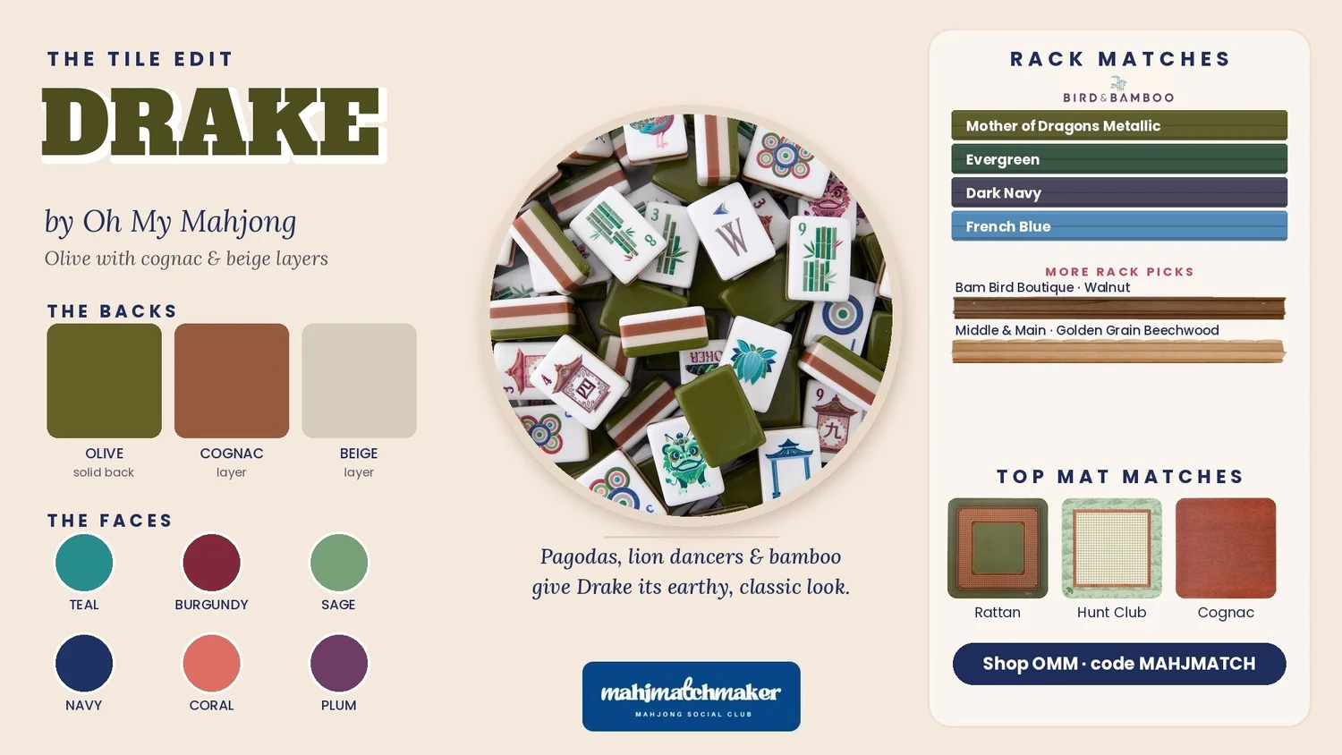 Drake mahjong tiles color card with rack and mat matches