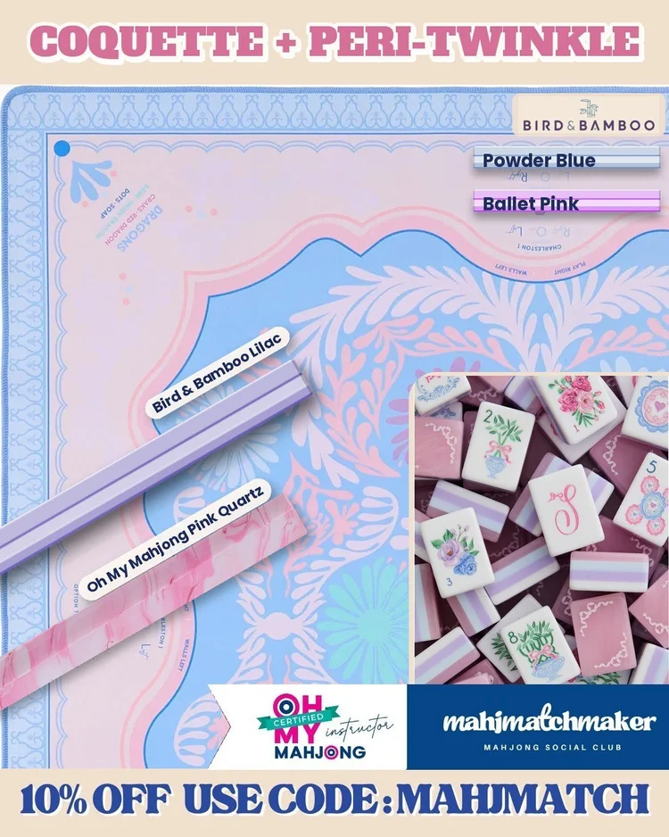 LoveShackFancy Coquette mahjong tiles with Oh My Mahjong Peri-twinkle mahjong mat