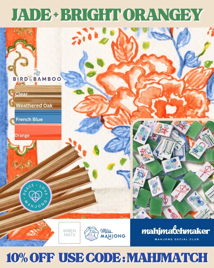 Miss Mahjong Jade mahjong tiles with Wren Mats Bright Orangey mahjong mat