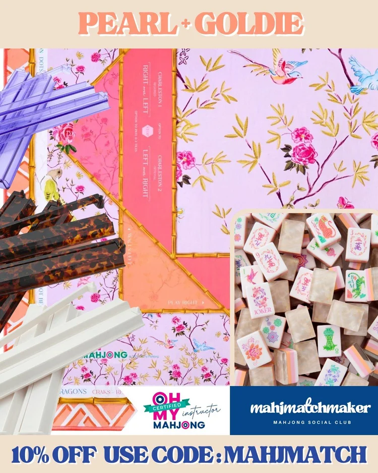 Oh My Mahjong Pearlescent mahjong tiles with Oh My Mahjong Goldie mahjong mat