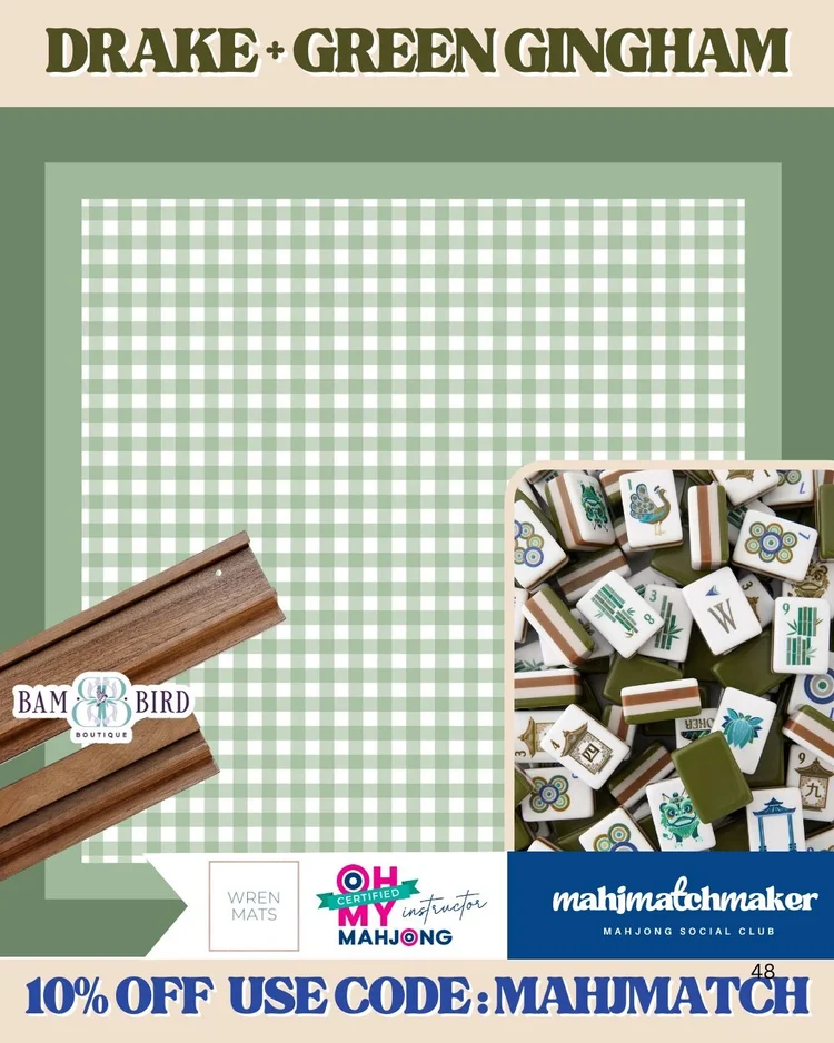Oh My Mahjong Drake mahjong tiles with Wren Mats Green Gingham mahjong mat