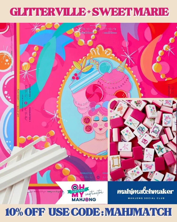 Oh My Mahjong Glitterville mahjong tiles with Oh My Mahjong Sweet Marie mahjong mat