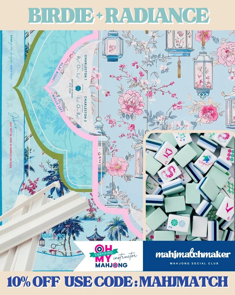 Oh My Mahjong Birdie mahjong tiles with Oh My Mahjong Radiance mahjong mat