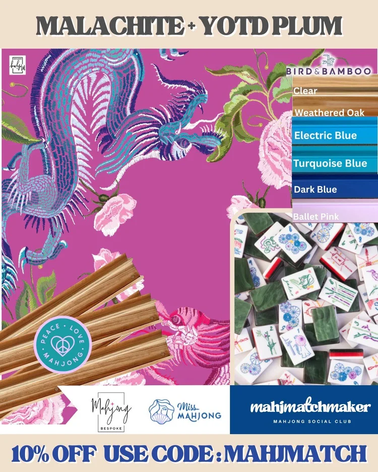 Miss Mahjong Malachite mahjong tiles with Bespoke Mahjong YOTD Plum mahjong mat
