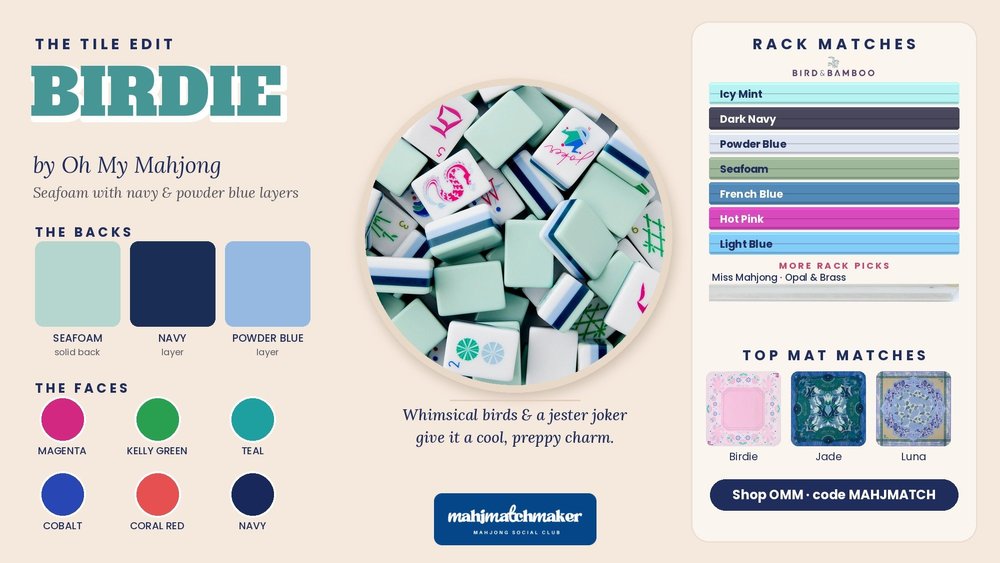Birdie mahjong tiles color card with rack and mat matches