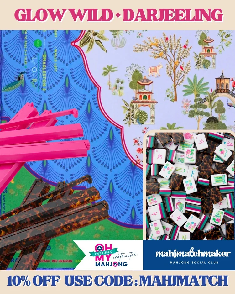 Oh My Mahjong Glow Wild mahjong tiles with Oh My Mahjong Darjeeling mahjong mat