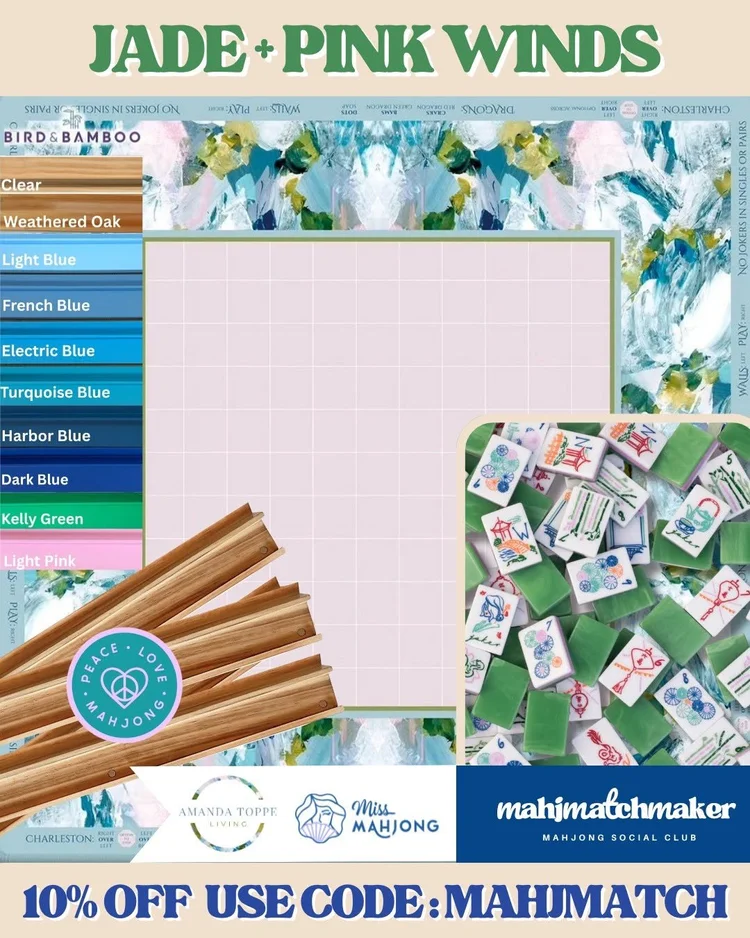 Miss Mahjong Jade mahjong tiles with Amanda Toppe Pink Winds mahjong mat