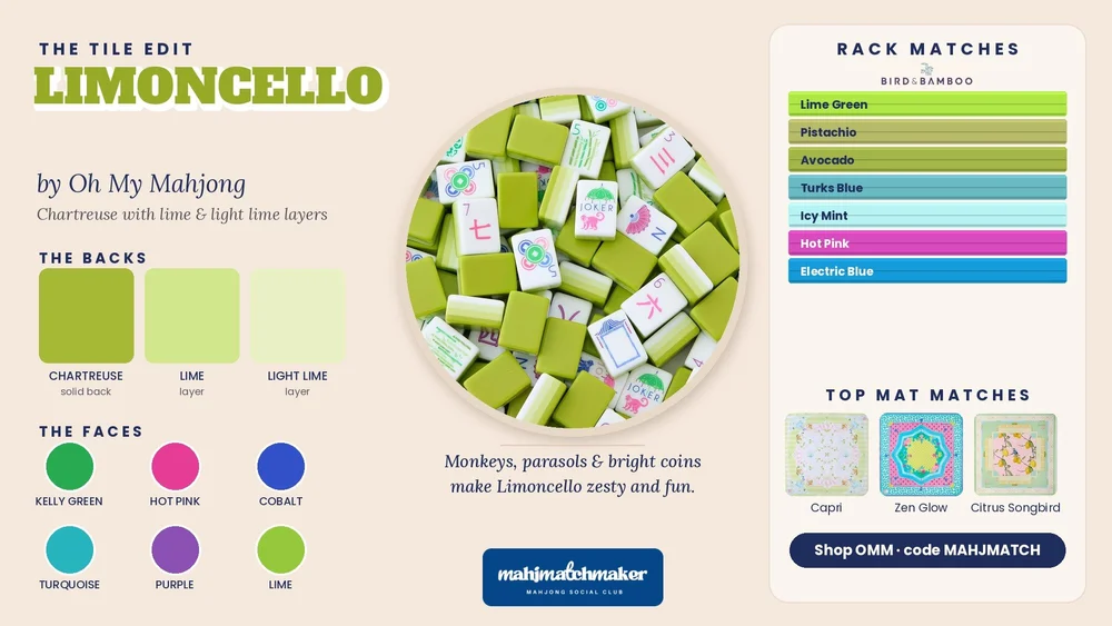 Limoncello mahjong tiles color card with rack and mat matches