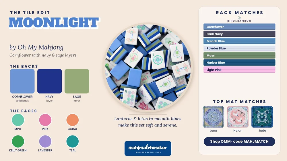 Moonlight mahjong tiles color card with rack and mat matches