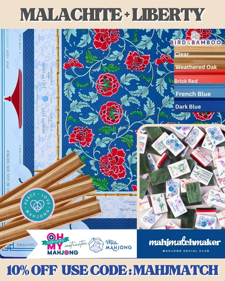 Miss Mahjong Malachite mahjong tiles with Oh My Mahjong Liberty mahjong mat