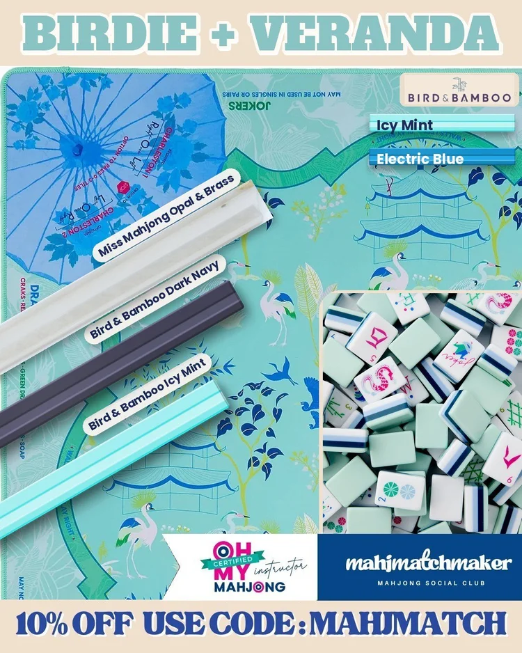 Oh My Mahjong Birdie mahjong tiles with Oh My Mahjong Veranda mahjong mat