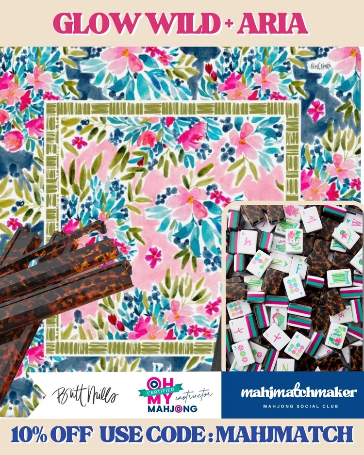 Oh My Mahjong Glow Wild mahjong tiles with Britt Mills Aria mahjong mat