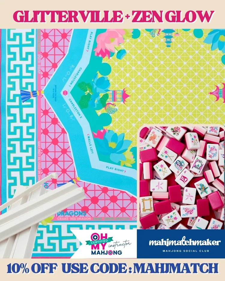Oh My Mahjong Glitterville mahjong tiles with Oh My Mahjong Zen Glow mahjong mat
