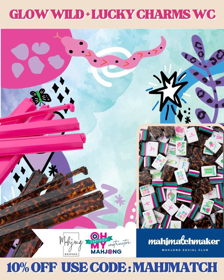 Oh My Mahjong Glow Wild mahjong tiles with Bespoke Mahjong Lucky Charms Watercolor mahjong mat
