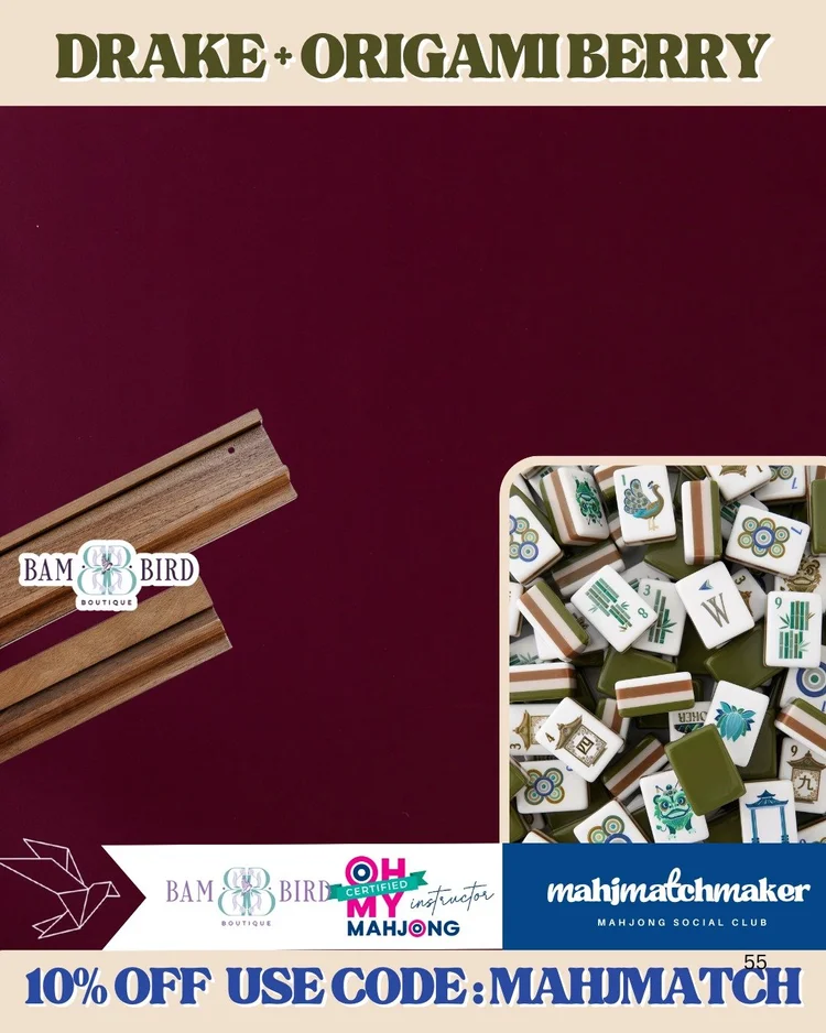 Oh My Mahjong Drake mahjong tiles with Bam Bird Boutique Origami Berry mahjong mat