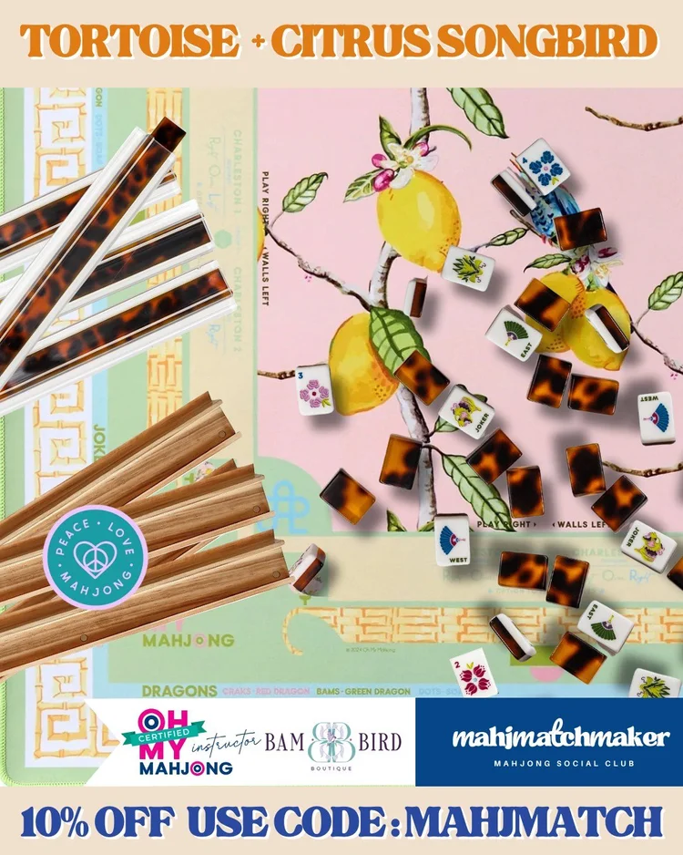 Bam Bird Boutique Tortoise mahjong tiles with Oh My Mahjong Citrus Songbird mahjong mat