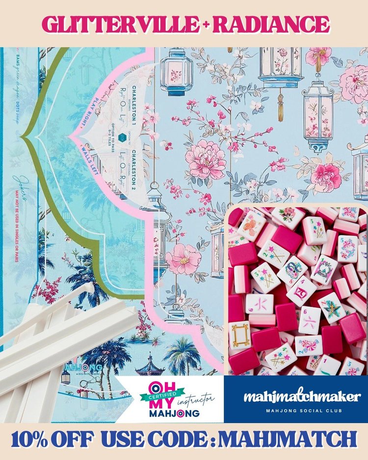 Oh My Mahjong Glitterville mahjong tiles with Oh My Mahjong Radiance mahjong mat
