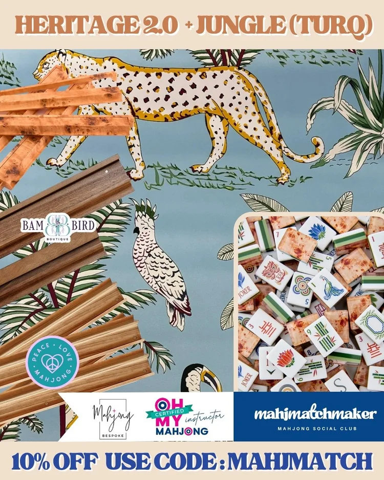 Oh My Mahjong Heritage 2.0 mahjong tiles with Bespoke Mahjong Jungle Turquoise mahjong mat