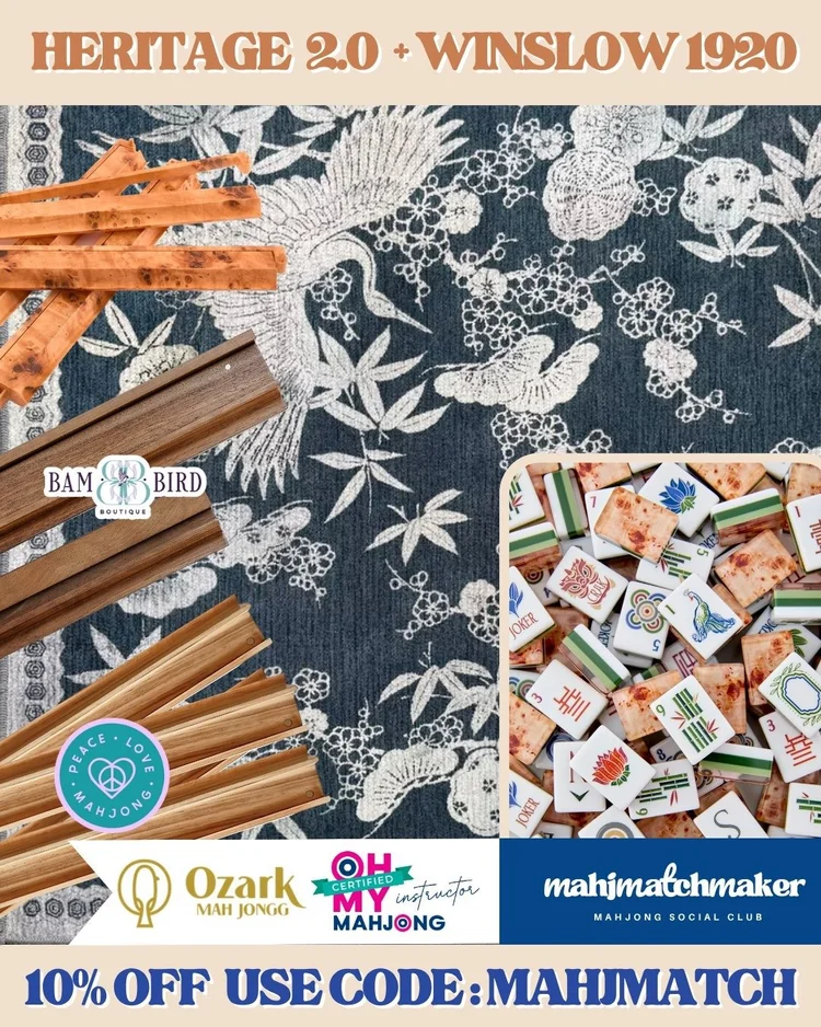 Oh My Mahjong Heritage 2.0 mahjong tiles with Ozark Mah Jongg Winslow 1920 mahjong mat