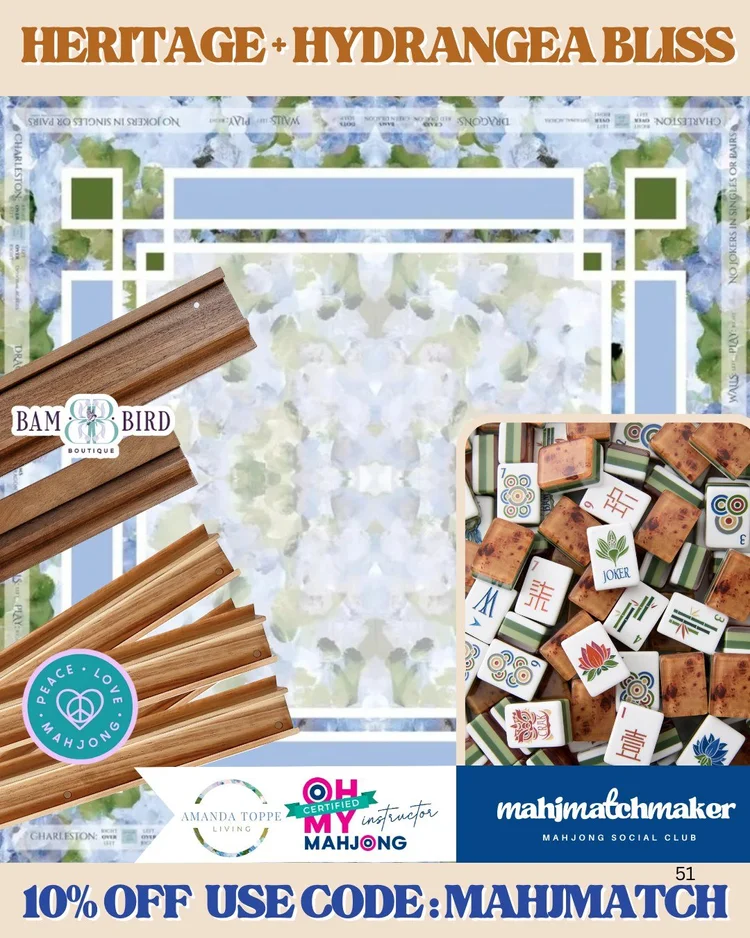 Oh My Mahjong Heritage mahjong tiles with Amanda Toppe Hydrangea Bliss mahjong mat