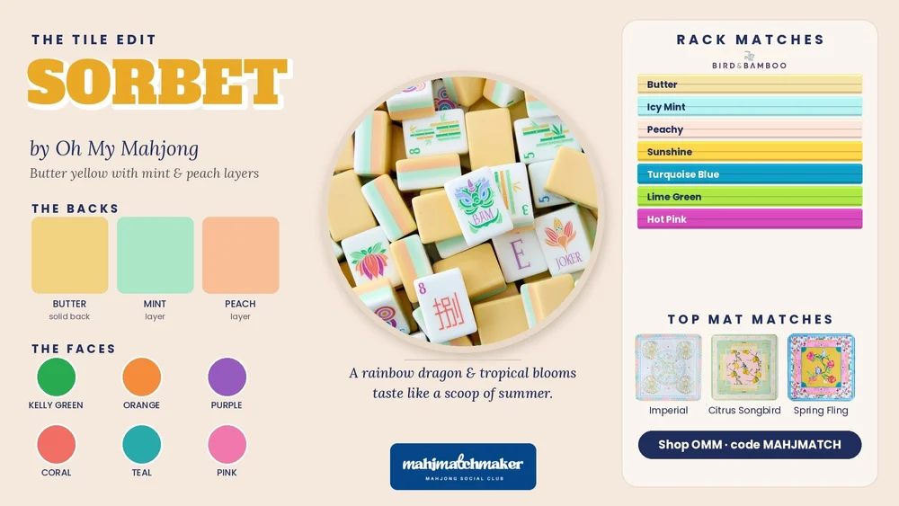 Sorbet mahjong tiles color card with rack and mat matches