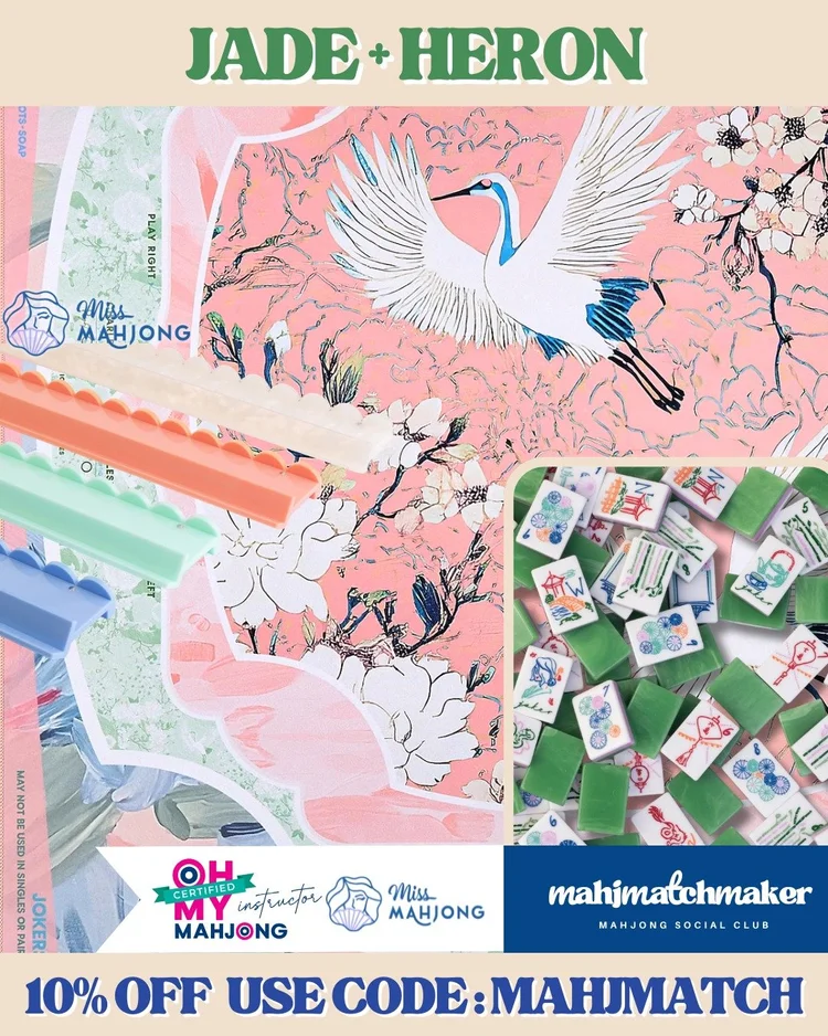 Miss Mahjong Jade mahjong tiles with Oh My Mahjong Heron mahjong mat