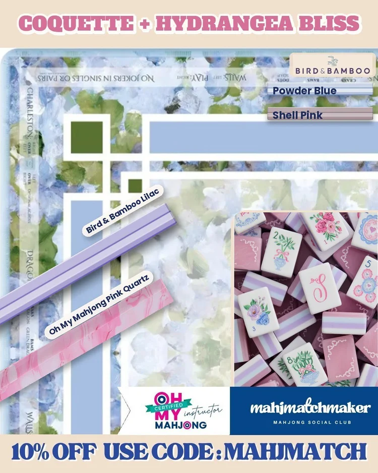 LoveShackFancy Coquette mahjong tiles with Amanda Toppe Hydrangea Bliss mahjong mat