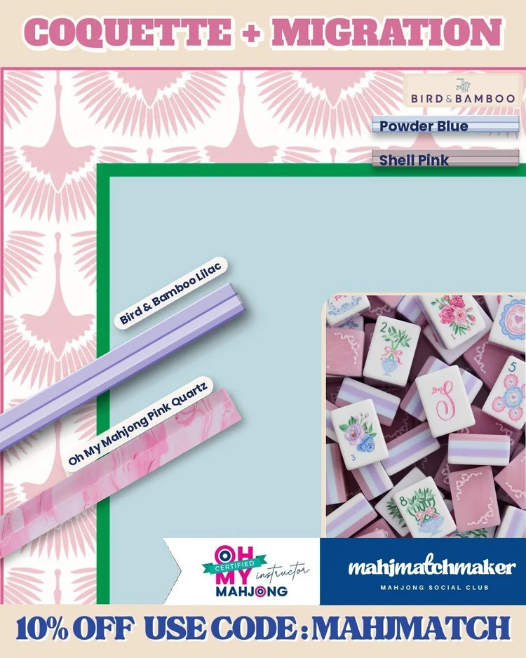 LoveShackFancy Coquette mahjong tiles with Charleston Mahjong Club Migration in Pink & Light Blue mahjong mat