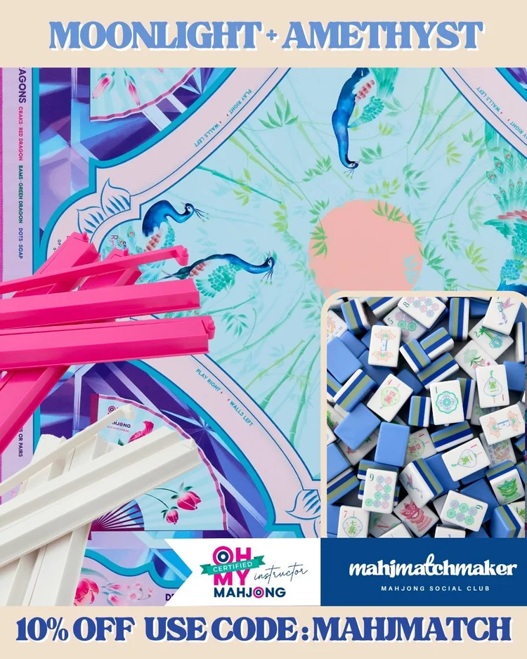 Oh My Mahjong Moonlight mahjong tiles with Oh My Mahjong Amethyst mahjong mat