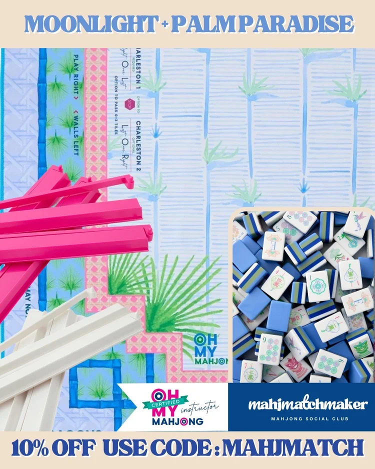 Oh My Mahjong Moonlight mahjong tiles with Oh My Mahjong Palm Paradise mahjong mat