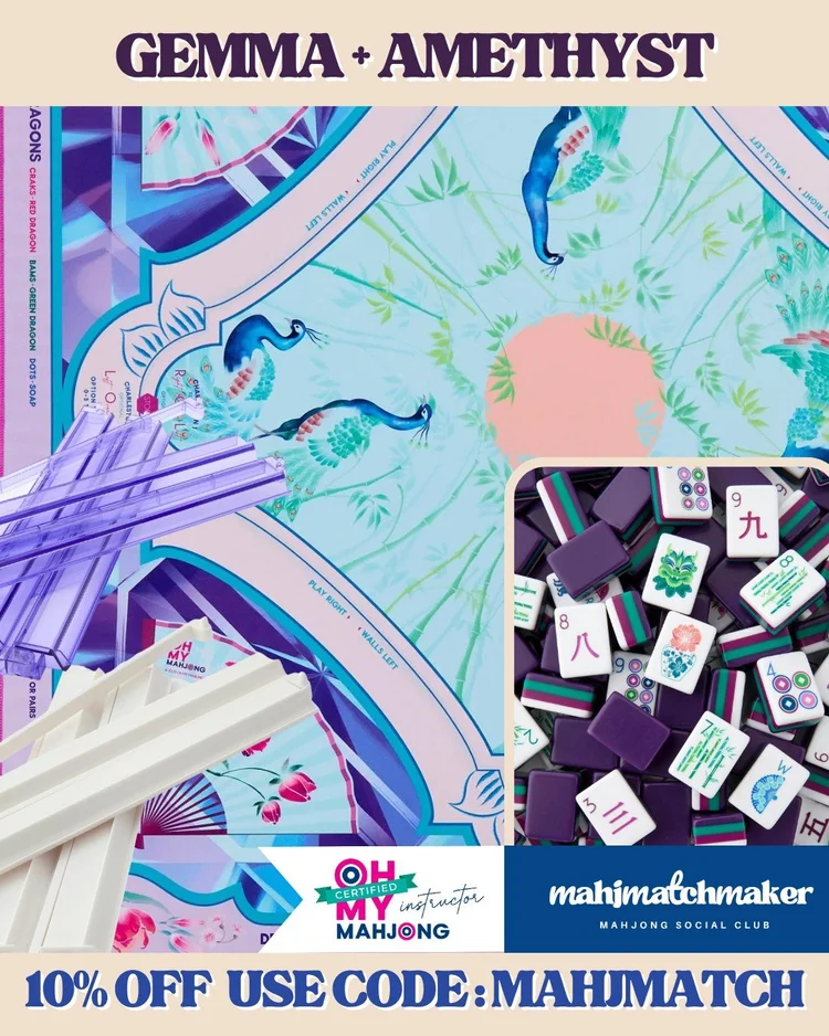 Oh My Mahjong Gemma mahjong tiles with Oh My Mahjong Amethyst mahjong mat