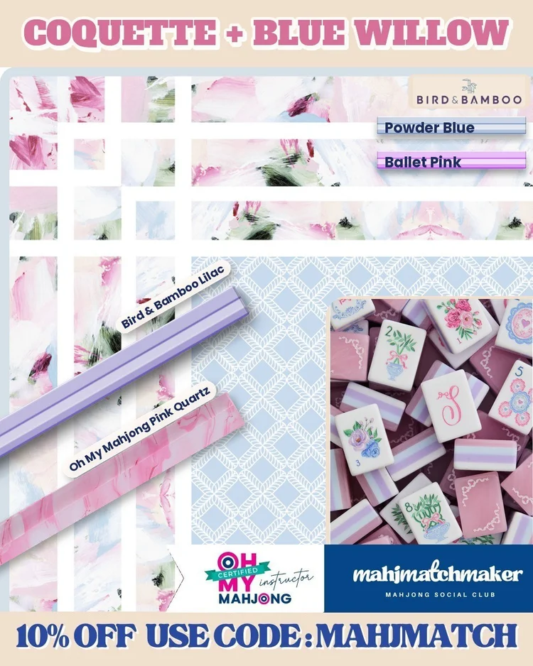 LoveShackFancy Coquette mahjong tiles with Amanda Toppe Blue Willow mahjong mat