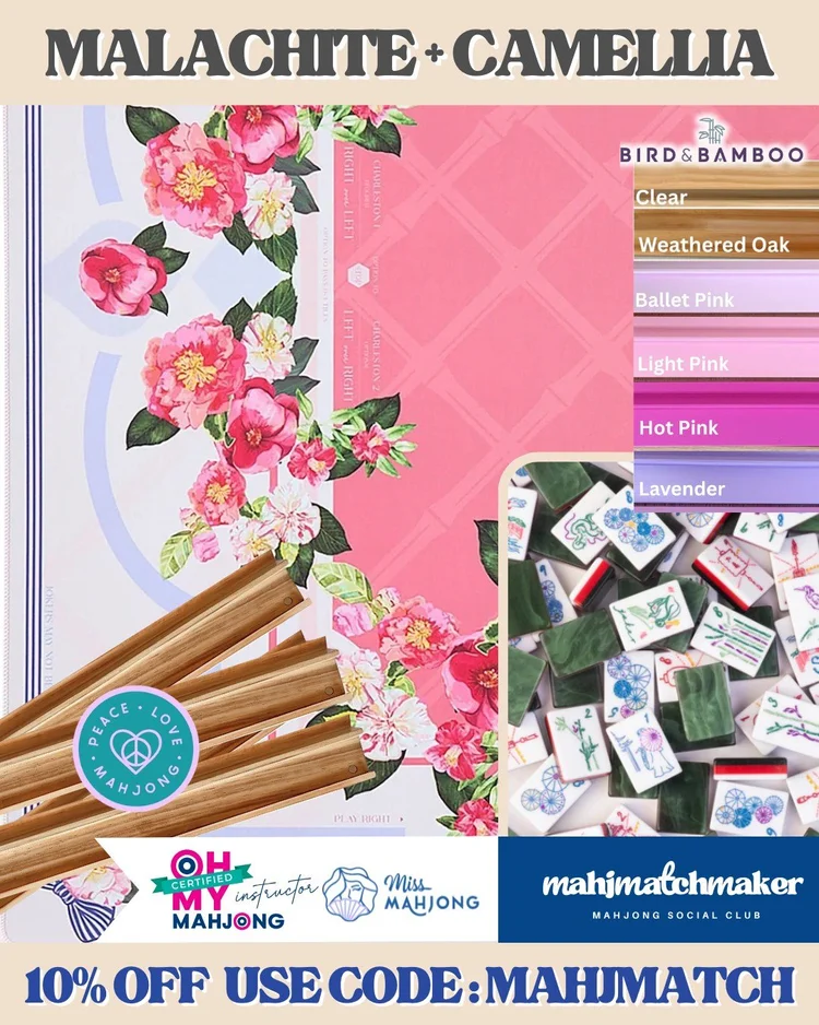 Miss Mahjong Malachite mahjong tiles with Oh My Mahjong Camellia mahjong mat