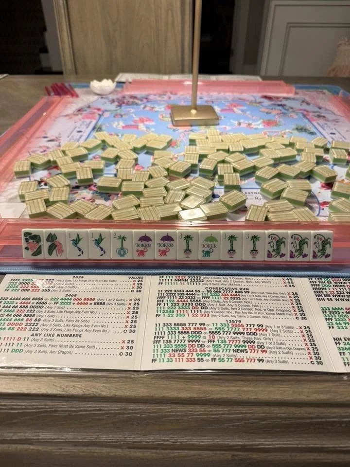 Oh My Mahjong Palm Royale mahjong tiles at the table: Palm Royale at Anne Pearson's table · shared in the Mahj Matchmaker group
