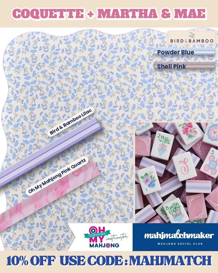 LoveShackFancy Coquette mahjong tiles with Middle & Main Mahjong Martha & Mae Vintage Quilt mahjong mat