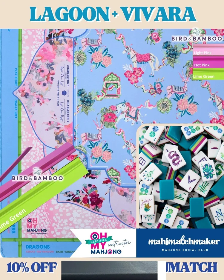 Oh My Mahjong Lagoon mahjong tiles with Oh My Mahjong Vivara mahjong mat
