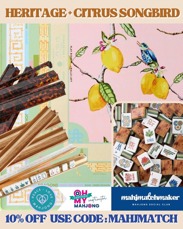 Oh My Mahjong Heritage mahjong tiles with Oh My Mahjong Citrus Songbird mahjong mat