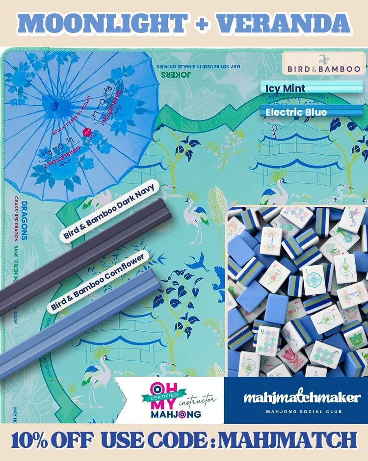 Oh My Mahjong Moonlight mahjong tiles with Oh My Mahjong Veranda mahjong mat