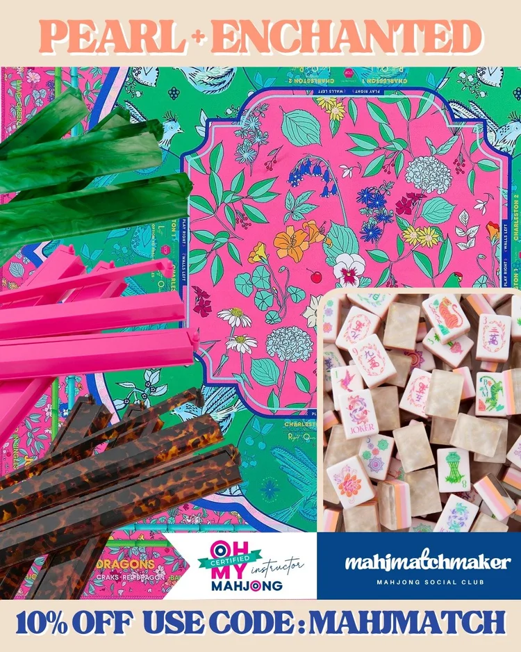 Oh My Mahjong Pearlescent mahjong tiles with Oh My Mahjong Enchanted 2 mahjong mat