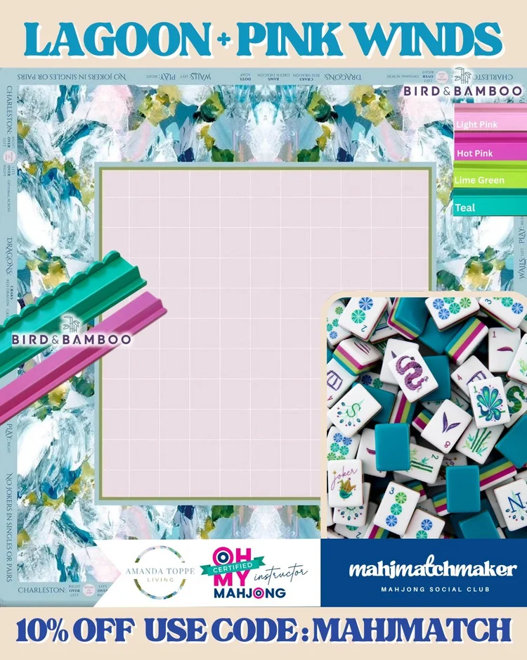 Oh My Mahjong Lagoon mahjong tiles with Amanda Toppe Pink Winds mahjong mat