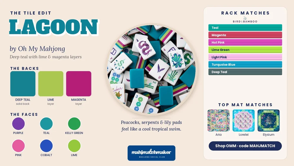 Lagoon mahjong tiles color card with rack and mat matches