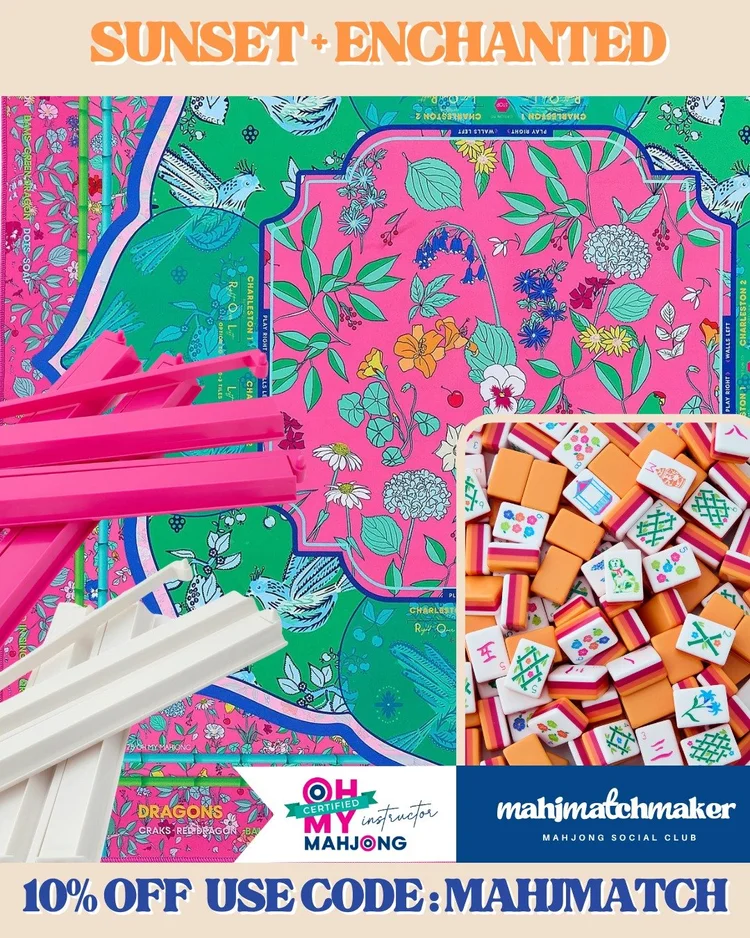 Oh My Mahjong Sunset mahjong tiles with Oh My Mahjong Enchanted mahjong mat
