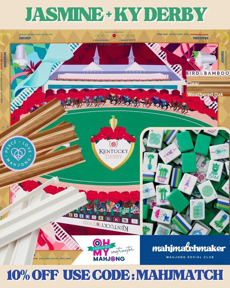Oh My Mahjong Jasmine mahjong tiles with Oh My Mahjong KY Derby mahjong mat