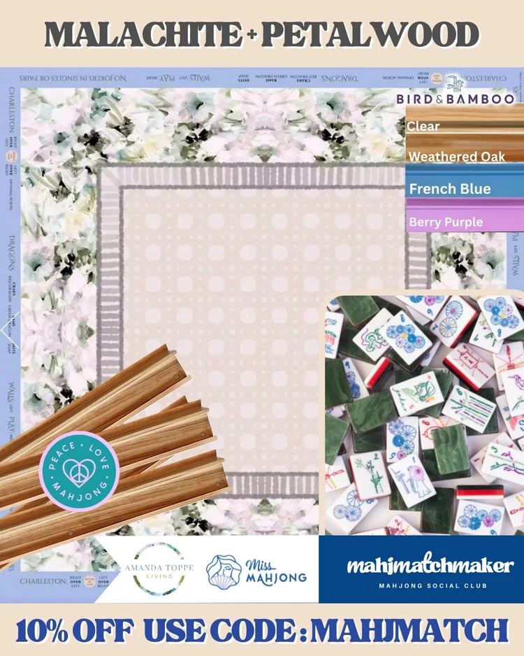 Miss Mahjong Malachite mahjong tiles with Amanda Toppe Petalwood mahjong mat