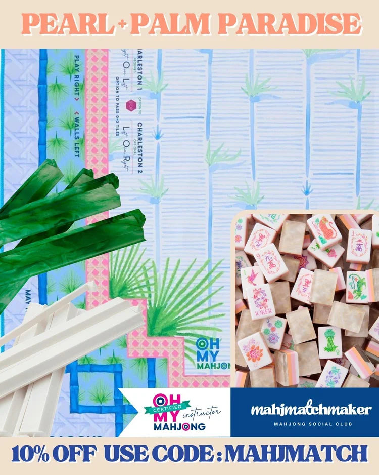 Oh My Mahjong Pearlescent mahjong tiles with Oh My Mahjong Palm Paradise mahjong mat
