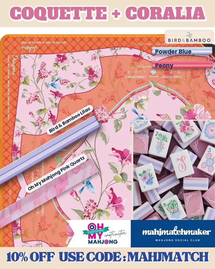LoveShackFancy Coquette mahjong tiles with Virora Mahjong Coralia mahjong mat